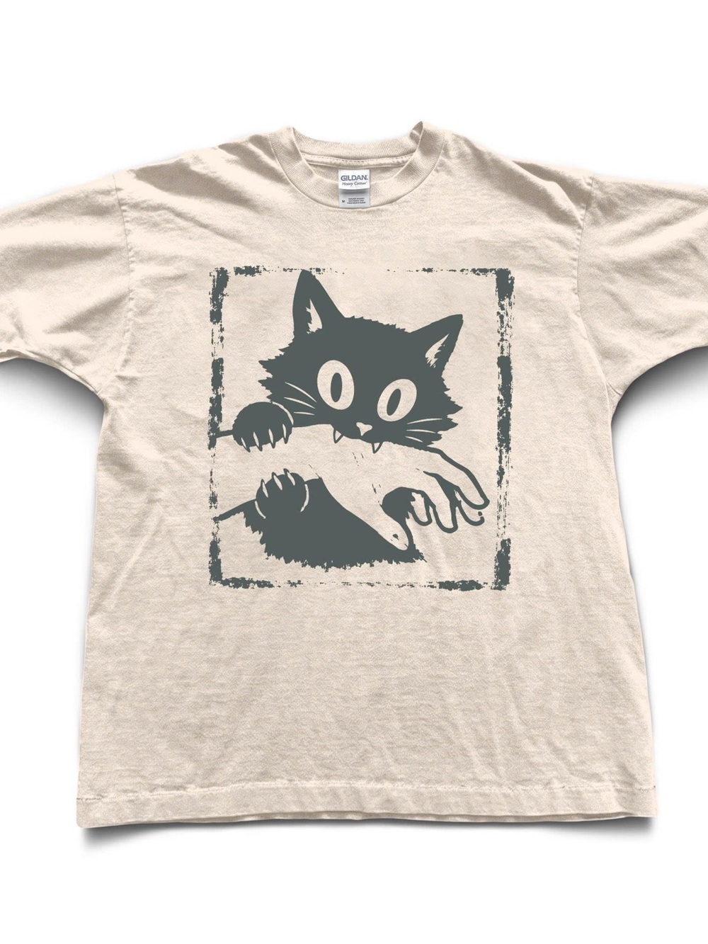 Gildan Cream Short Sleeve Tee with Slate Cat Illustration